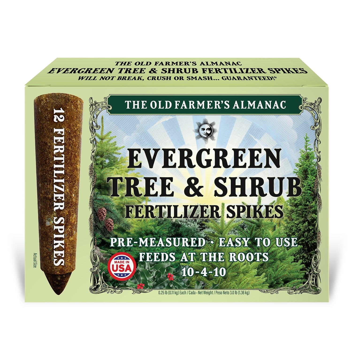 the old farmers almanac evergreen tree shrub fertilizer spikes box front 12-pack