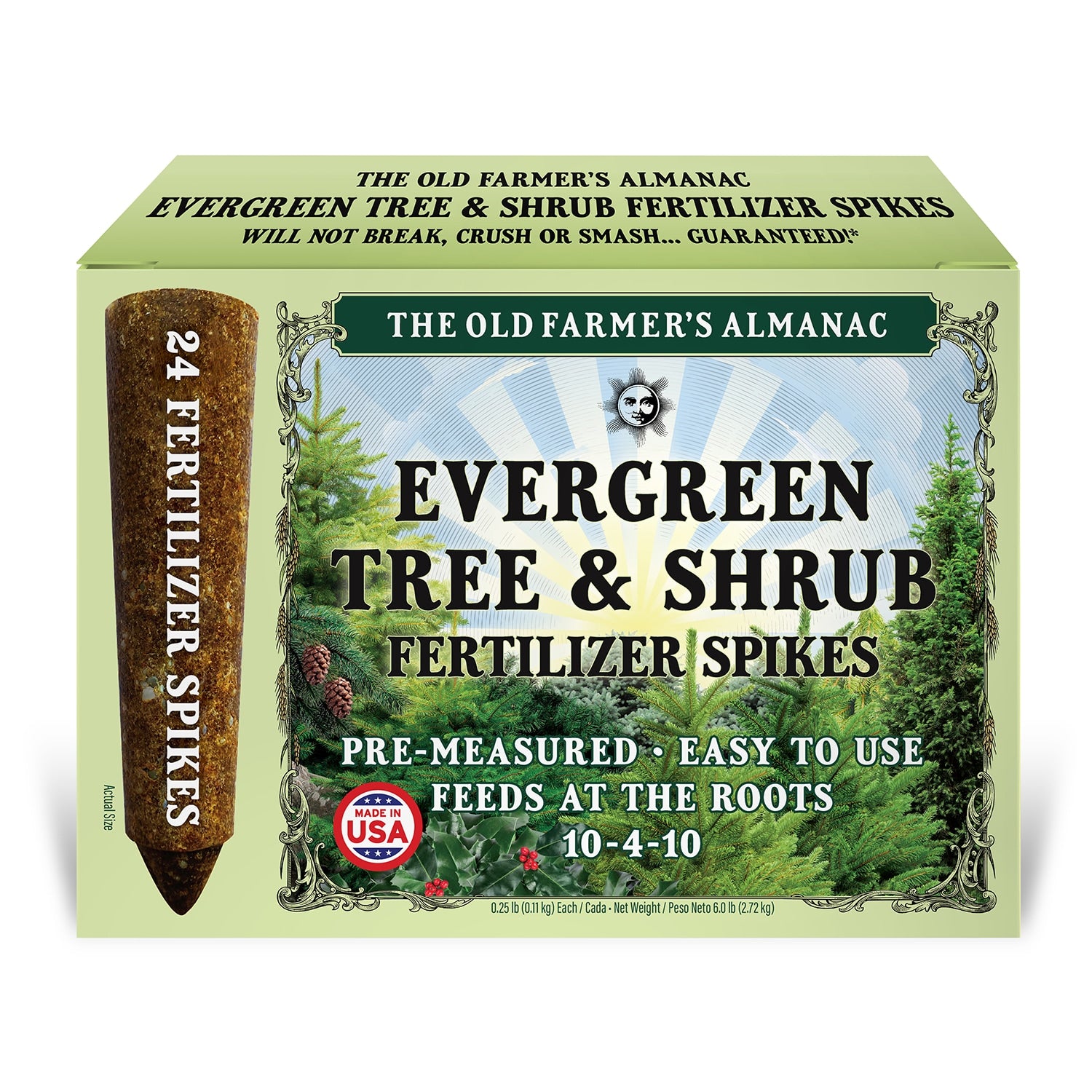 the old farmers almanac evergreen tree shrub fertilizer spikes box front 24-pack