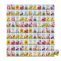 Grid of 100 various flower seed packets on a white background
