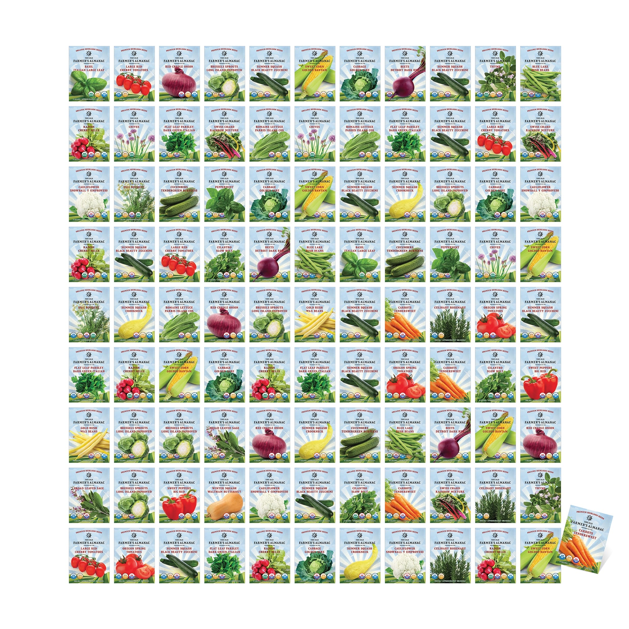 A collection of seed packets displaying various vegetables and herbs, arranged in rows.