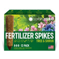 Box of Simply Gro fertilizer spikes for tree and shrub with green background and product image.