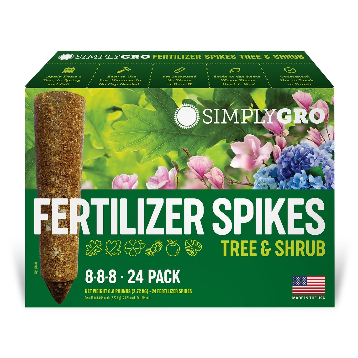 Packaging box of SimplyGro Fertilizer Spikes for Trees & Shrubs, displaying the product and its use for gardening.