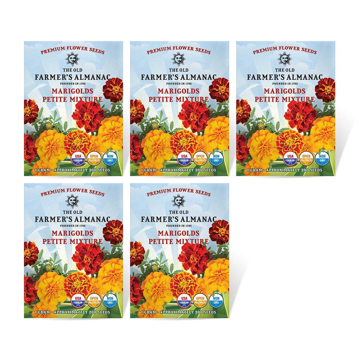 Packaging for The Old Farmer's Almanac Petite Mixture Marigold Seeds featuring illustrations of marigold flowers and the product details.