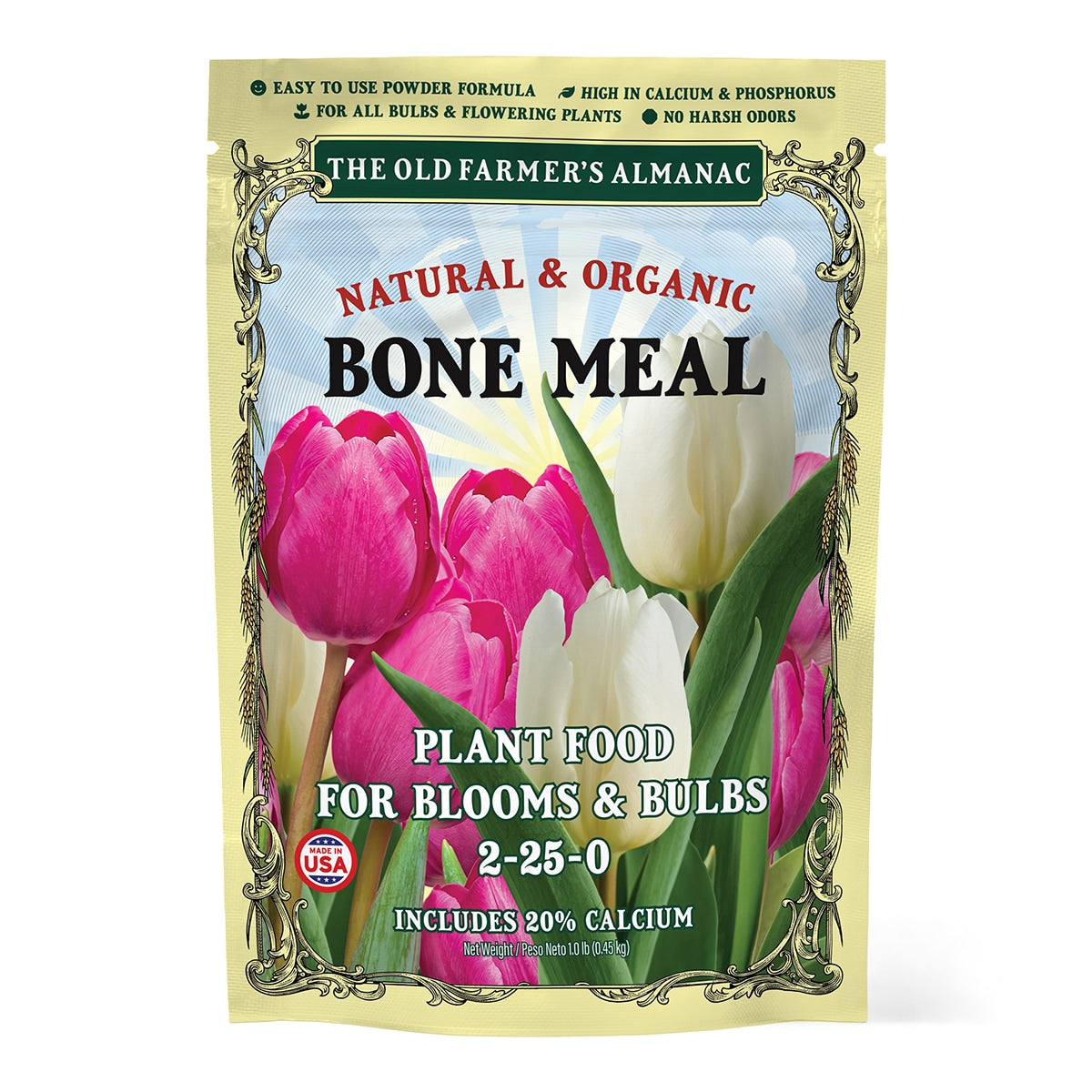 Package of The Old Farmer's Almanac Natural & Organic Bone Meal plant food with tulips on a white background