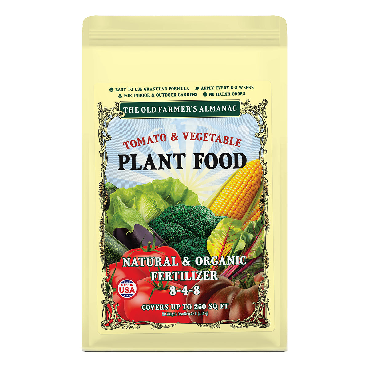Bag of The Old Farmer's Almanac Organic Tomato & Vegetable Plant Food with a graphic of a tomato, corn, and broccoli on the front.