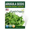 Package of Purely Organic Arugula Seeds with green arugula leaves on a white background