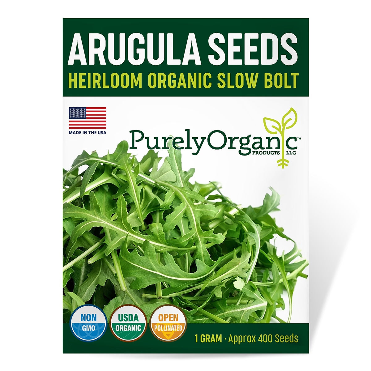 Package of Purely Organic Arugula Seeds with green arugula leaves on a white background
