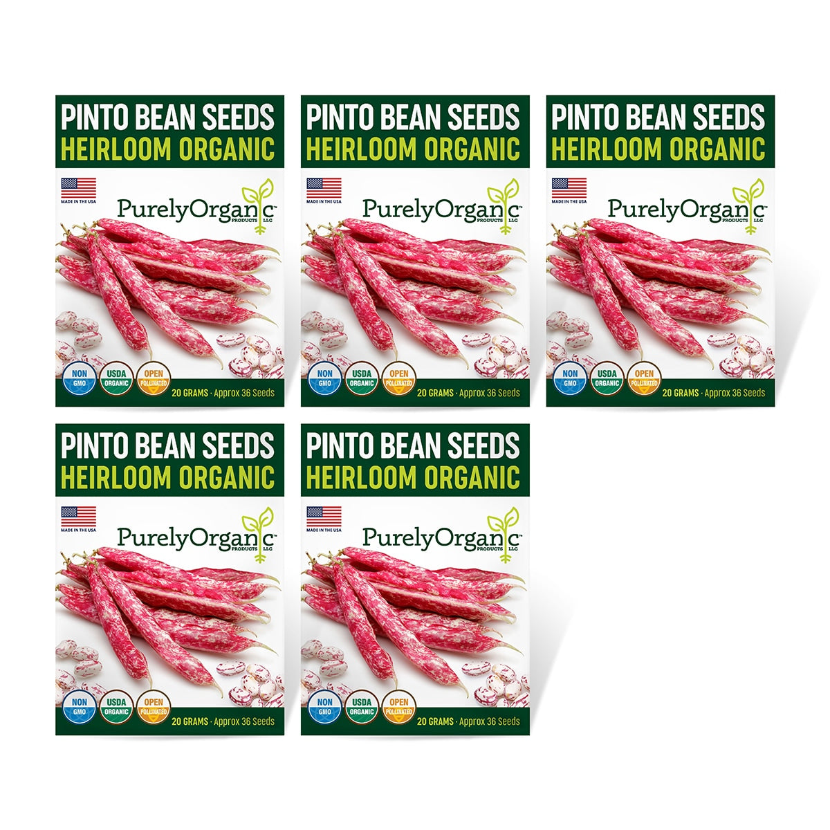 5 package of Purely Organic Pinto Bean Seeds featuring an image of the seeds with a red and white pattern, indicating they are heirloom organic and non-GMO.