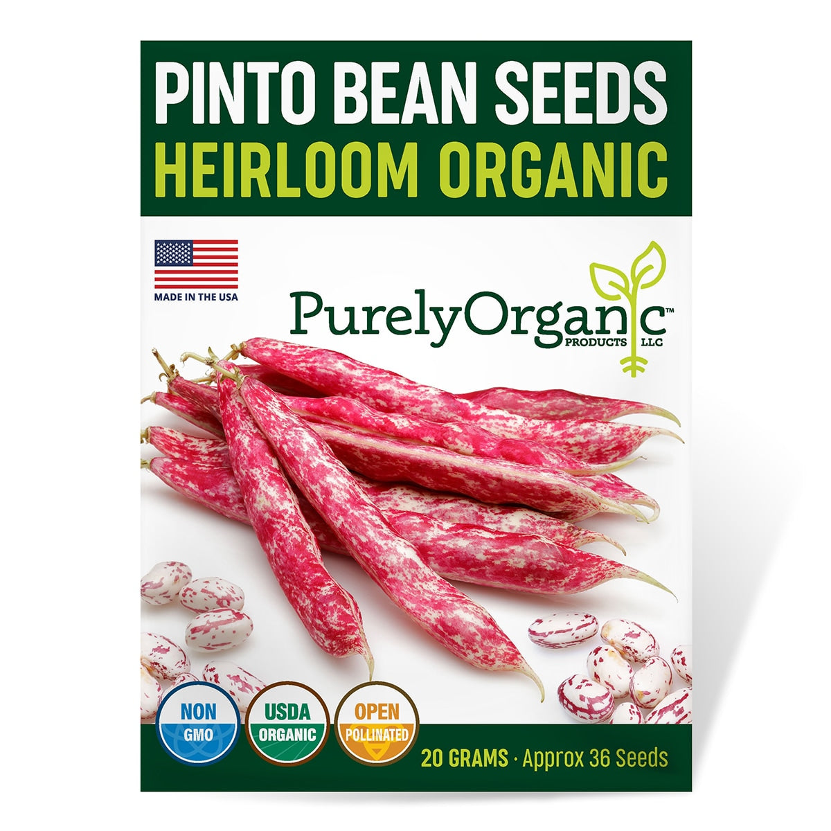 Package of Purely Organic Pinto Bean Seeds with red beans on a white background