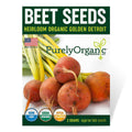 Beet seeds package with organic certification logos and Purely Organic branding.