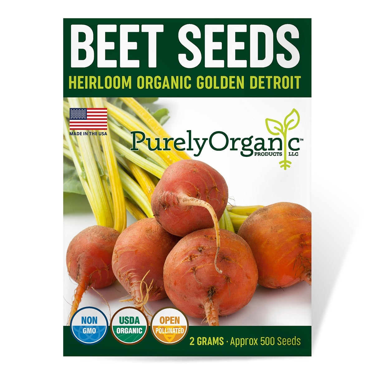 Beet seeds package with organic certification logos and Purely Organic branding.