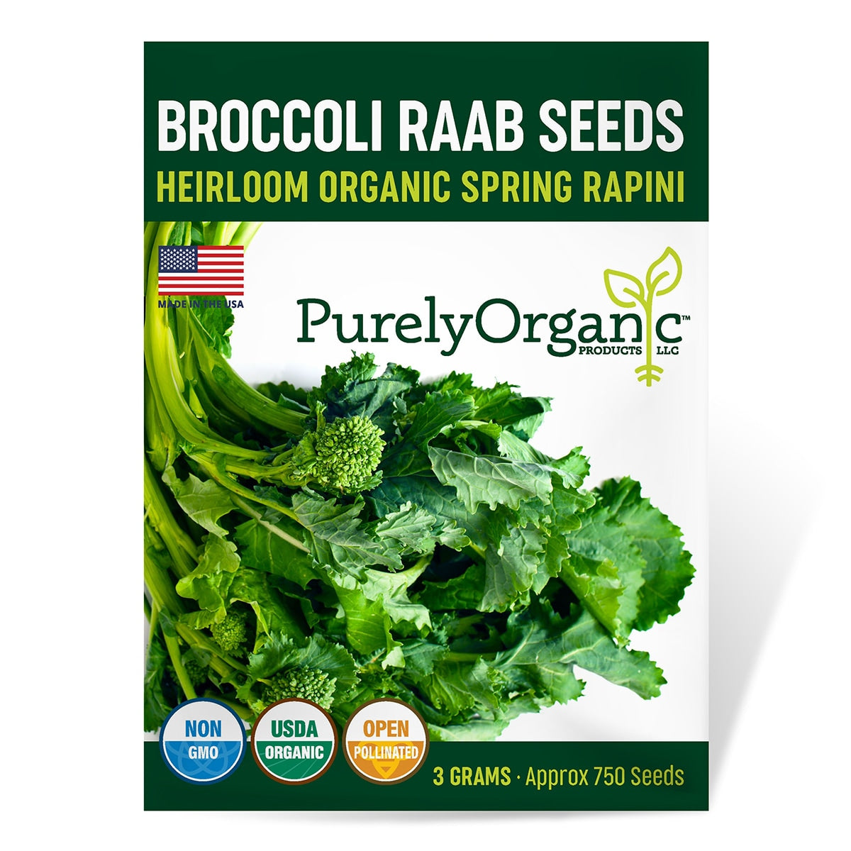 Broccoli Rabe seeds package with green leaves and Purely Organic branding