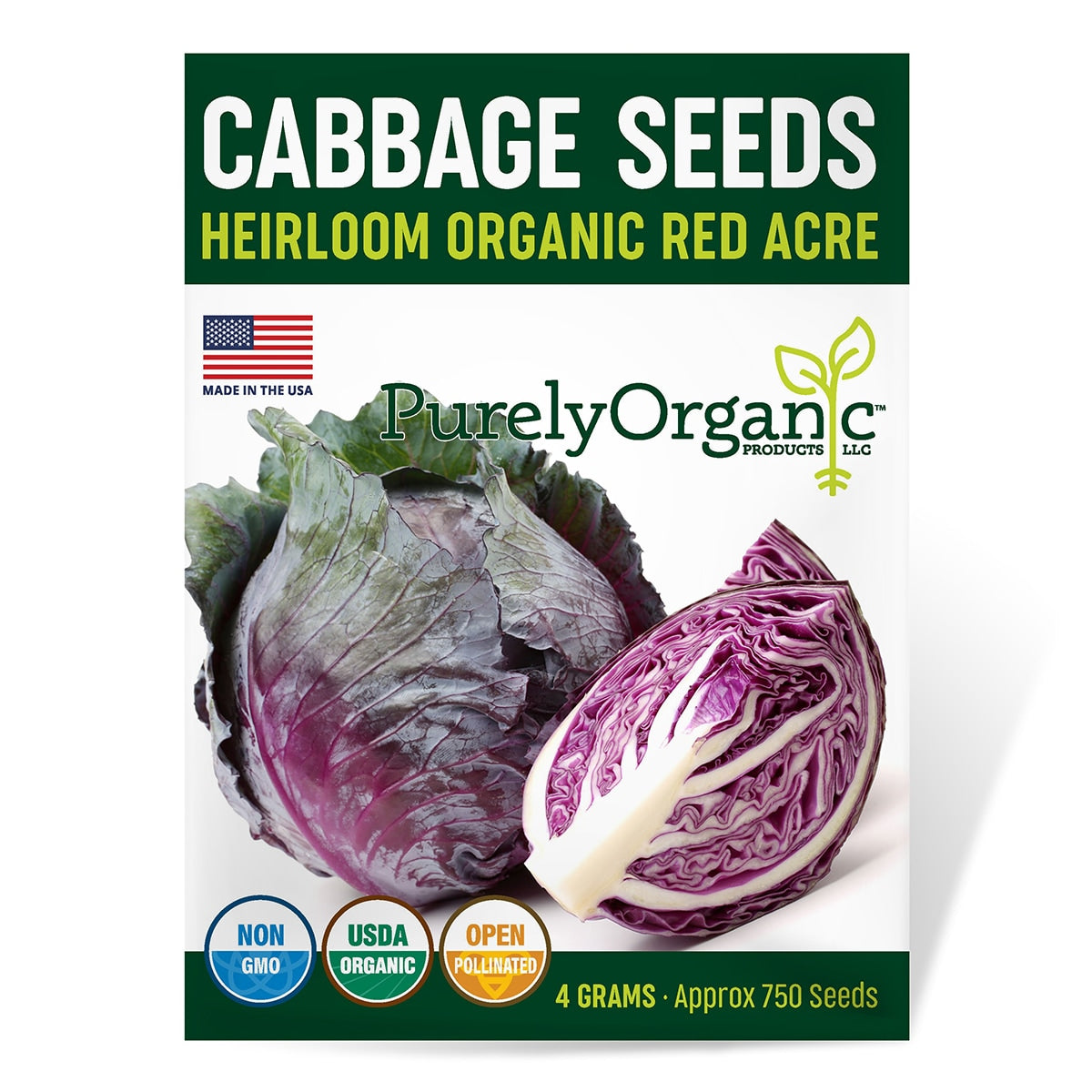 Package of Purely Organic Heirloom Organic Red Acre cabbage seeds with a purple cabbage on a white background.