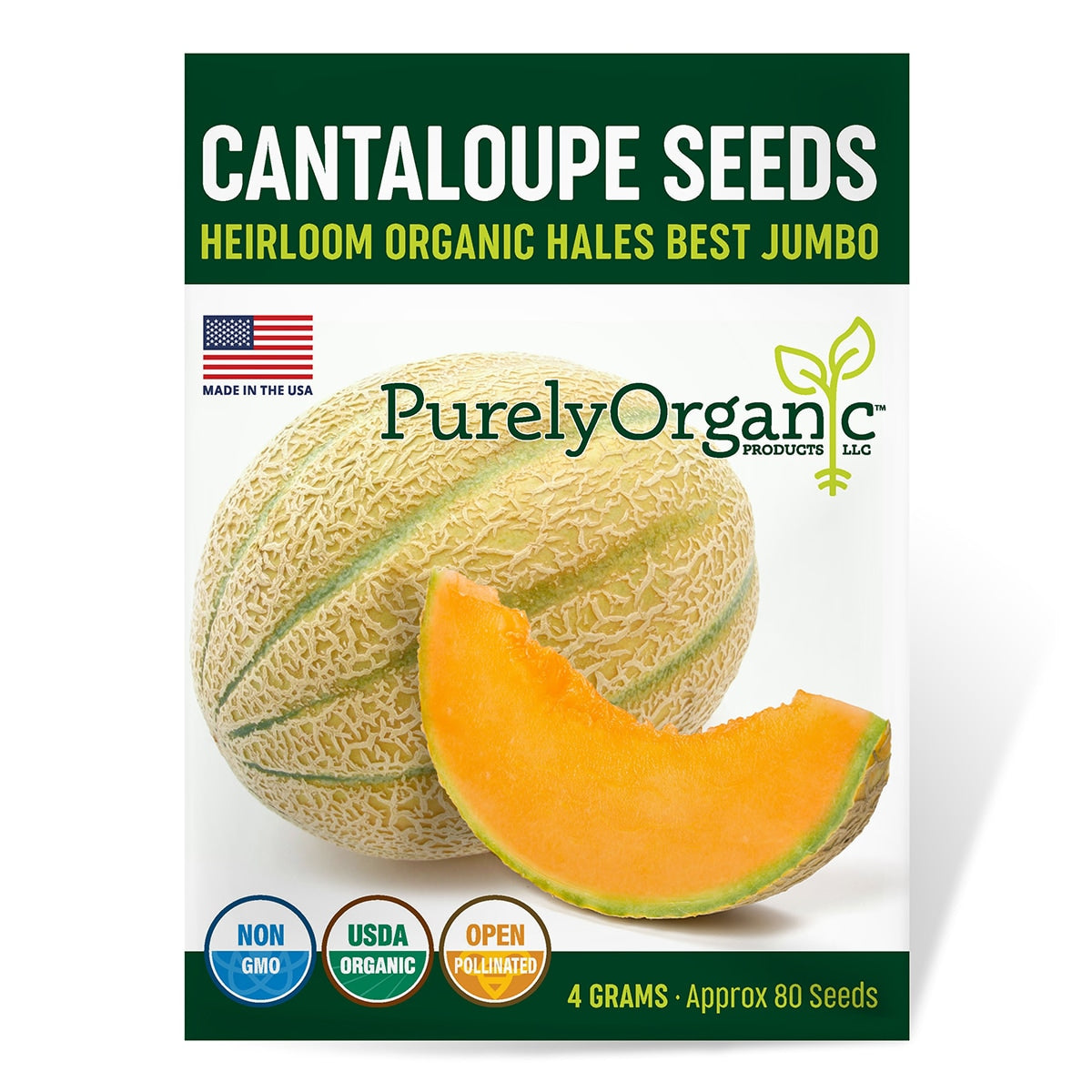 Purely Organic cantaloupe seeds package with a cantaloupe and slice on a white background