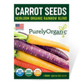 Carrot seeds package with colorful carrots and Purely Organic branding