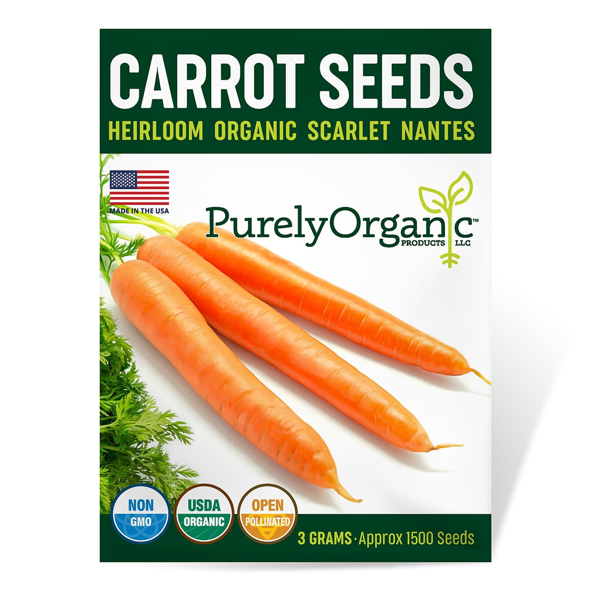 Purely Organic carrot seeds package with carrots and branding on a white background
