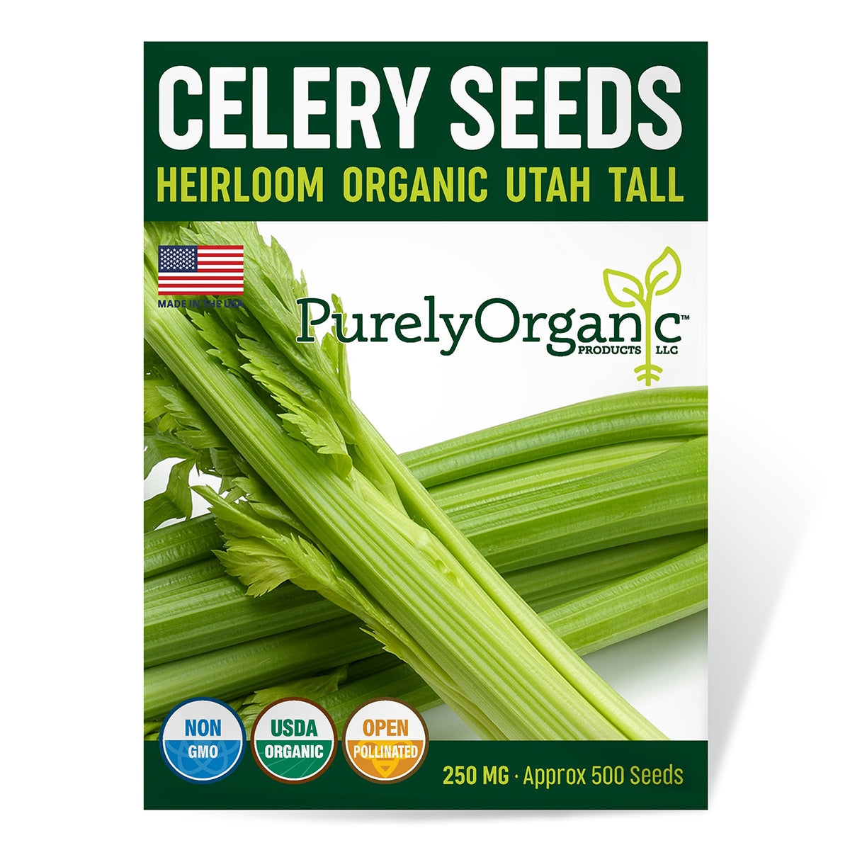 Purely Organic celery seeds package with green celery stalks on a white background