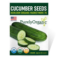 Package of Purely Organic Cucumber Seeds with cucumbers and seeds on a white background