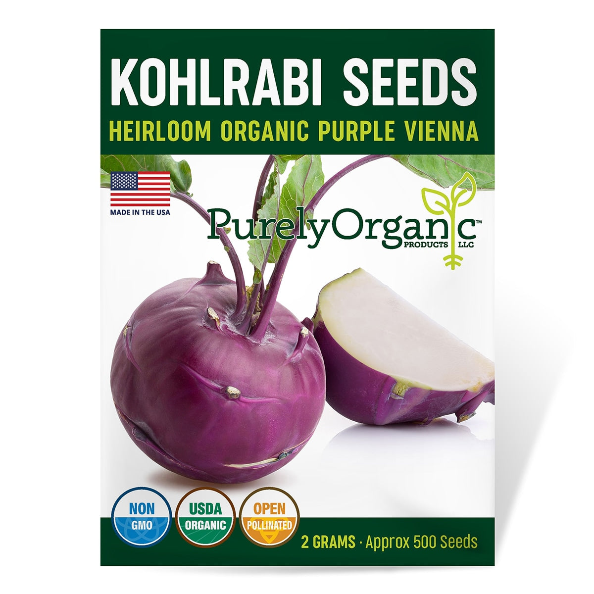 Kohlrabi seeds packaging with a purple kohlrabi and green label.