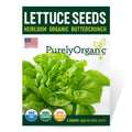Package of Purely Organic Buttercrunch lettuce seeds with green leafy lettuce image on a white background.
