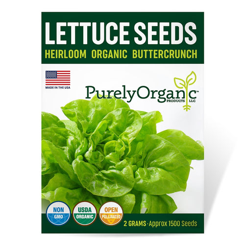 Package of Purely Organic Buttercrunch lettuce seeds with green leafy lettuce image on a white background.