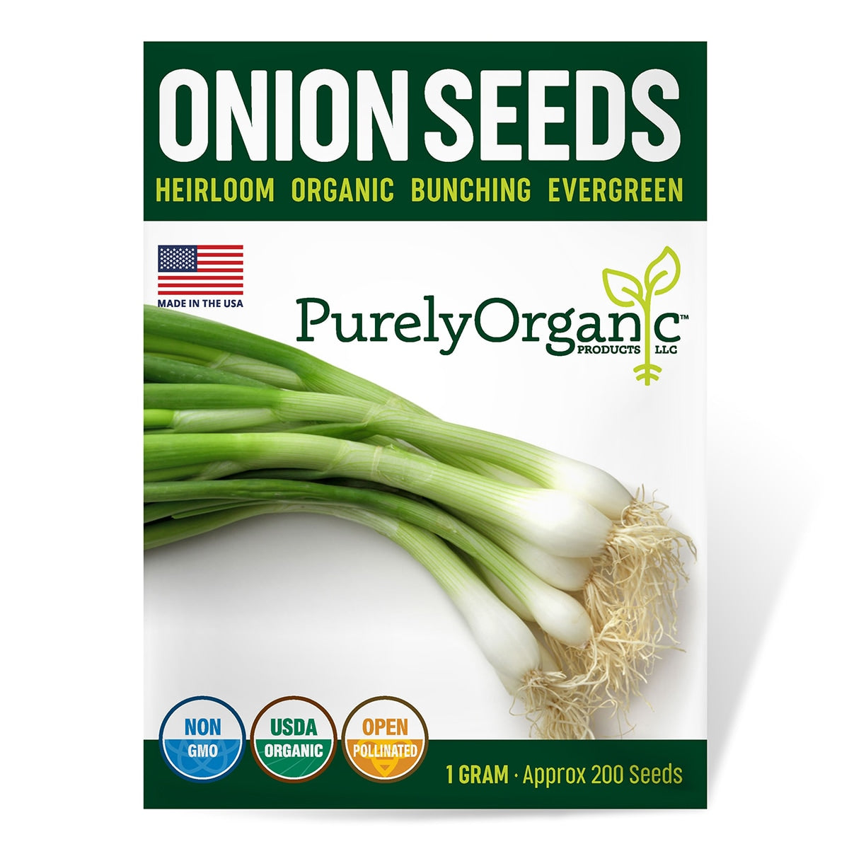 Purely Organic onion seeds packaging with green onions on a white background