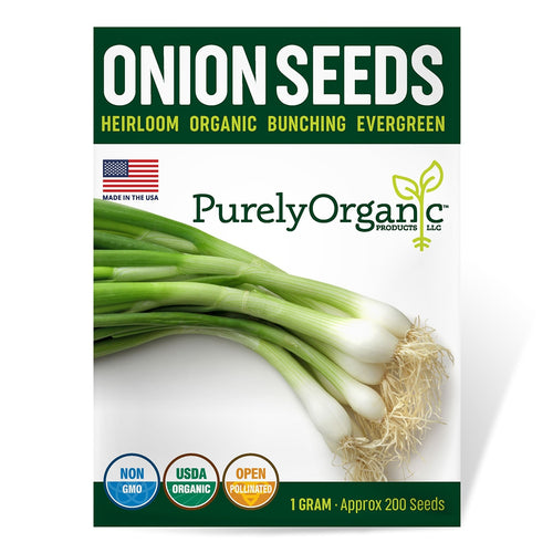 Purely Organic onion seeds packaging with green onions on a white background