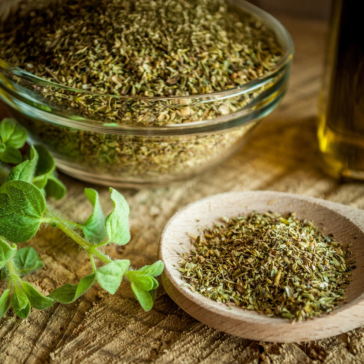 Dried oregano in bowls