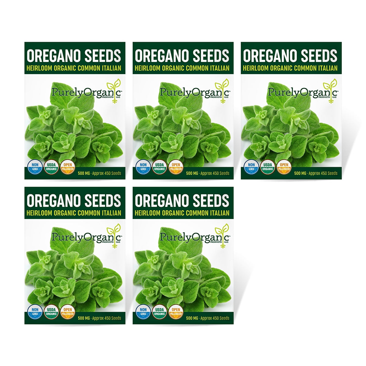 Packaging of Purely Organic Oregano Seeds with an image of the oregano herb, indicating the seeds are heirloom, organic, and non-GMO.