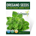 Package of Purely Organic Oregano Seeds with green leaves and branding details.