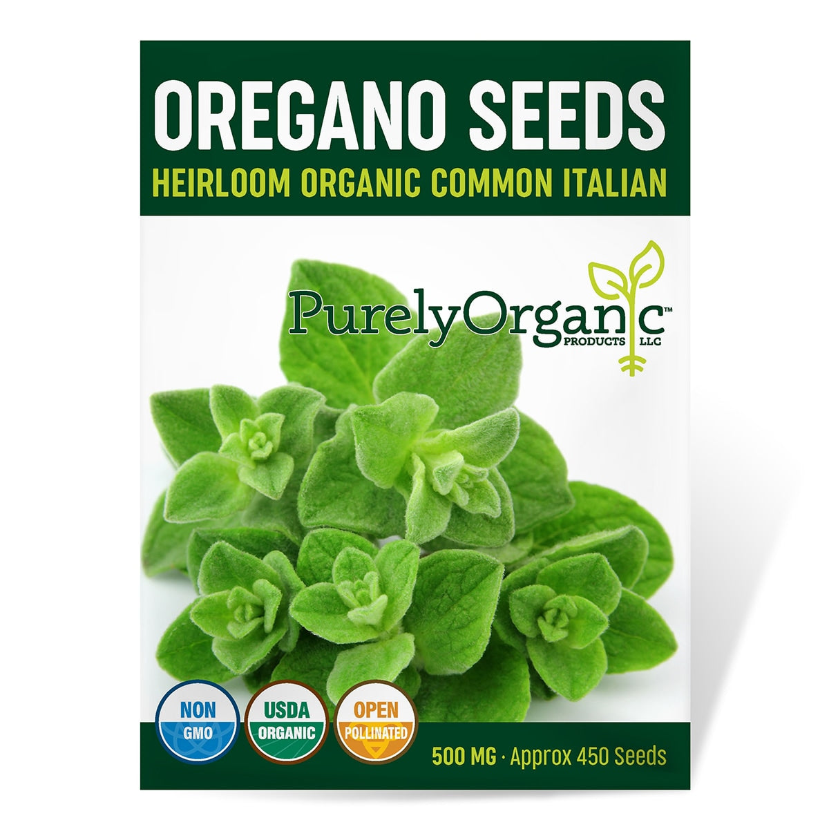 Package of Purely Organic Oregano Seeds with green leaves and branding details.