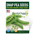 Purely Organic Snap Pea Seeds packaging with green peas and branding elements.
