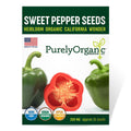 Sweet pepper seeds package with green and red peppers and Purely Organic branding.
