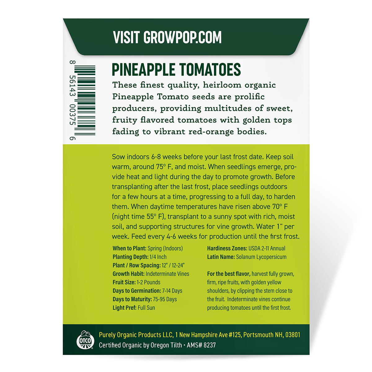 Purely Organic Pineapple Tomato Seeds USDA Organic, NonGMO, Open Po