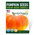 Purely Organic Cinderella pumpkin seeds packaging with a pumpkin illustration on a white background