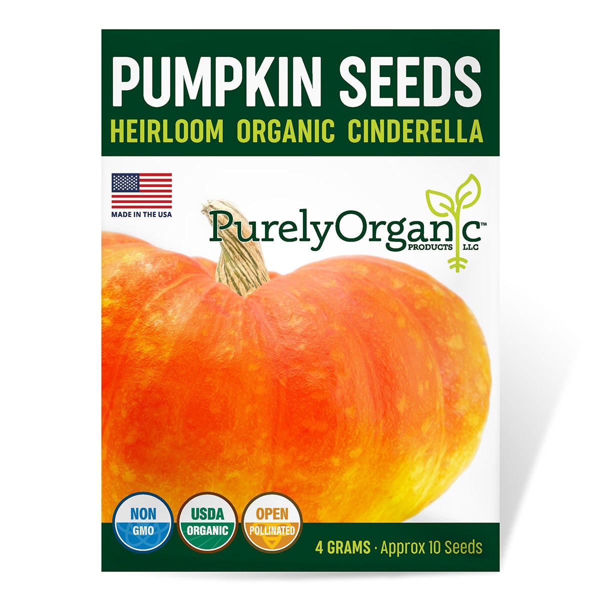 Purely Organic Cinderella pumpkin seeds packaging with a pumpkin illustration on a white background