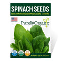 Spinach seeds package with Purely Organic branding and spinach leaves on a white background