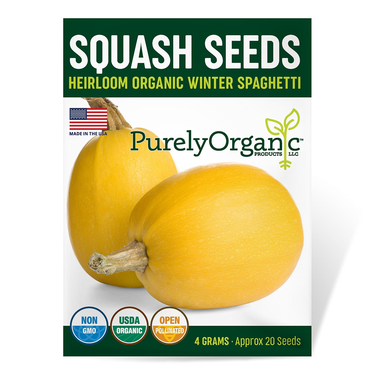 Purely Organic Squash Seeds package with two squash on a white background