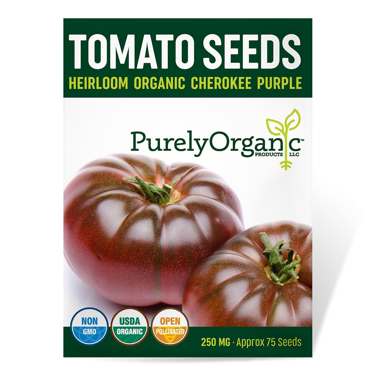 Package of Purely Organic Heirloom Organic Cherokee Purple Tomato Seeds on a white background