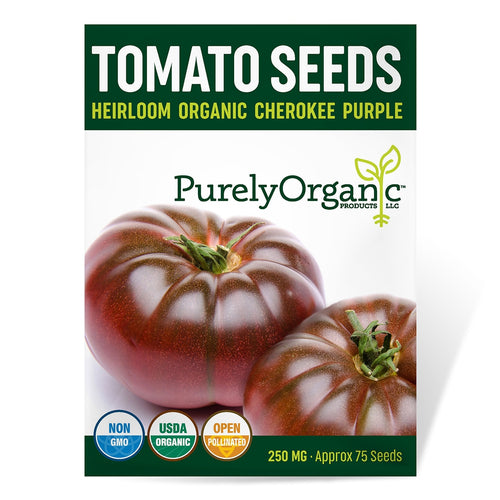 Package of Purely Organic Heirloom Organic Cherokee Purple Tomato Seeds on a white background