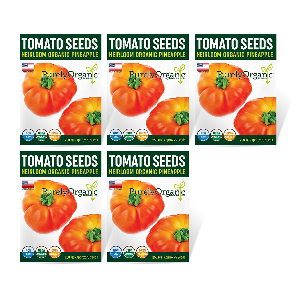 5 Pack of Purely Organic Pineapple Tomato Seeds featuring images of the red and orange tomatoes with green tops.