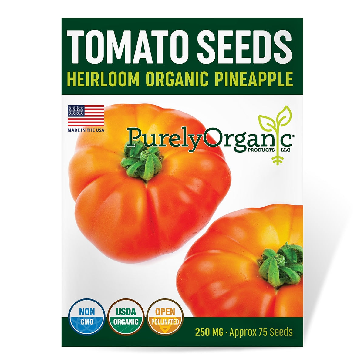 Purely Organic Pineapple Tomato Seeds packaging with a tomato image on a white background