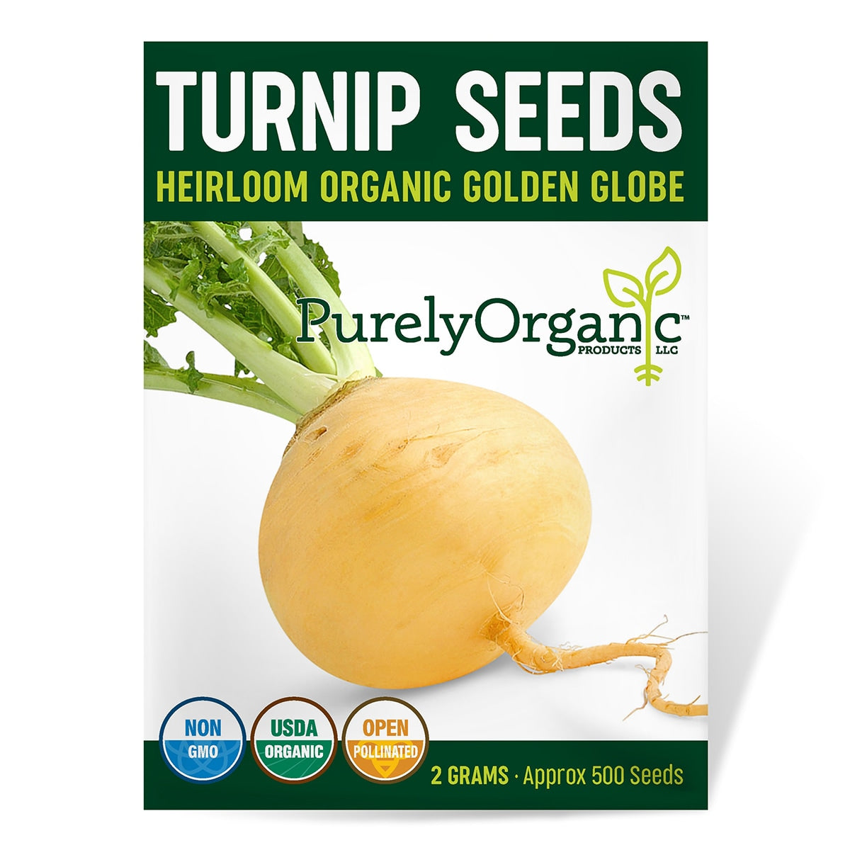 Package of Purely Organic Turnip Seeds with a turnip image on a white background