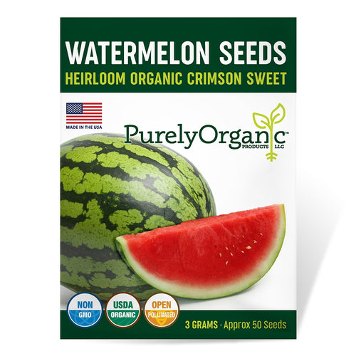 Purely Organic watermelon seeds package with a watermelon and slice on a white background