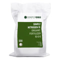 White bag of Simply Gro organic fertilizer with green label on a white background