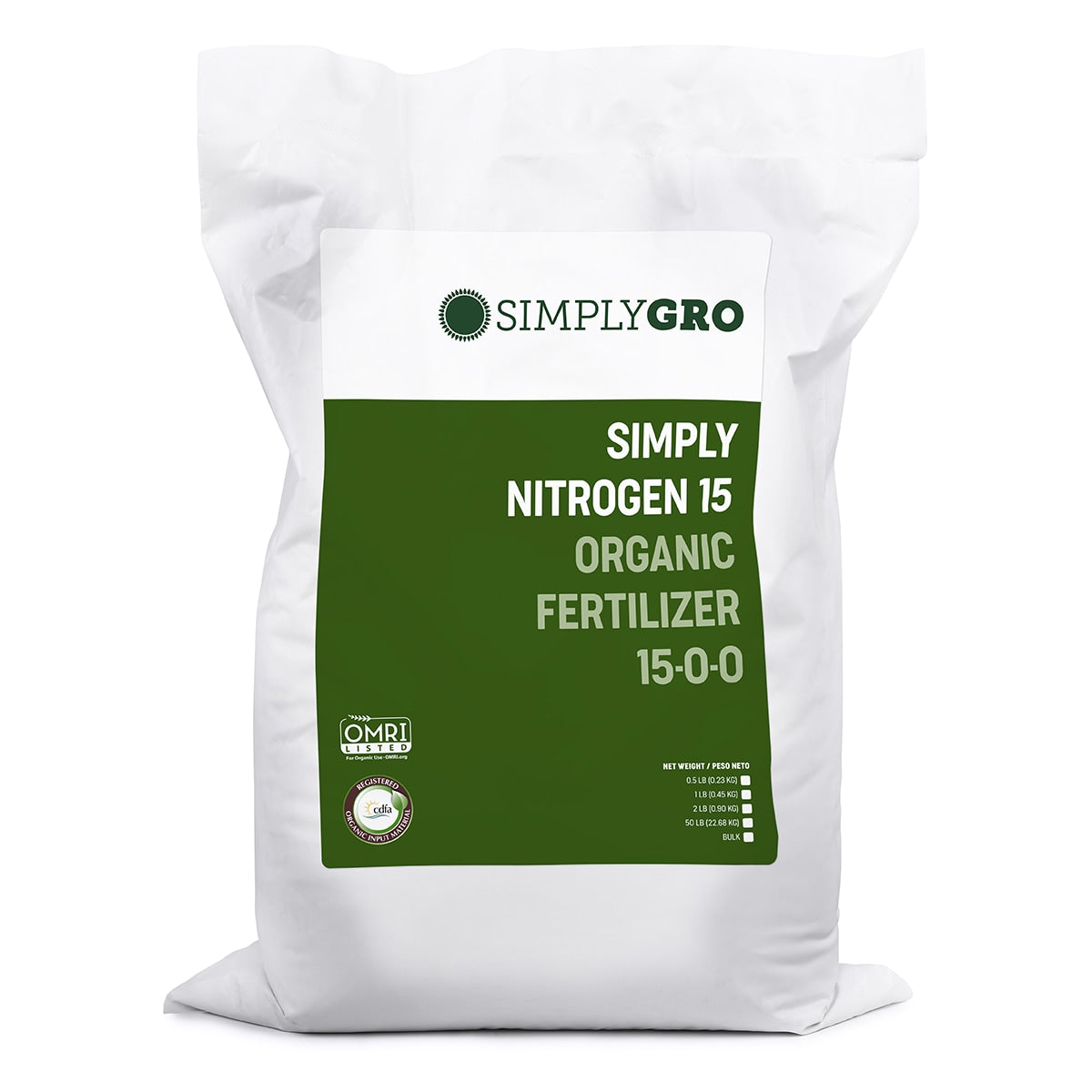 White bag of Simply Gro organic fertilizer with green label on a white background