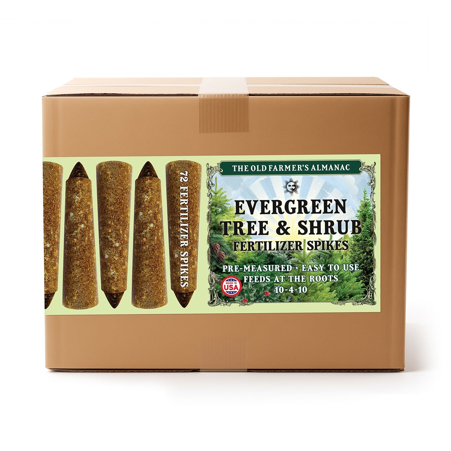Box of Evergreen Tree & Shrub Fertilizer Spikes with a label on a white background