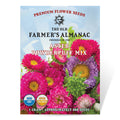 Seed packet for Aster Powderpuff Mix by The Old Farmer's Almanac with colorful flowers on a blue background.
