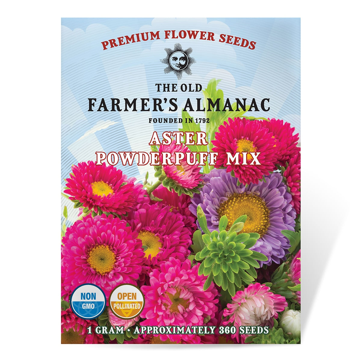 Seed packet for Aster Powderpuff Mix by The Old Farmer's Almanac with colorful flowers on a blue background.