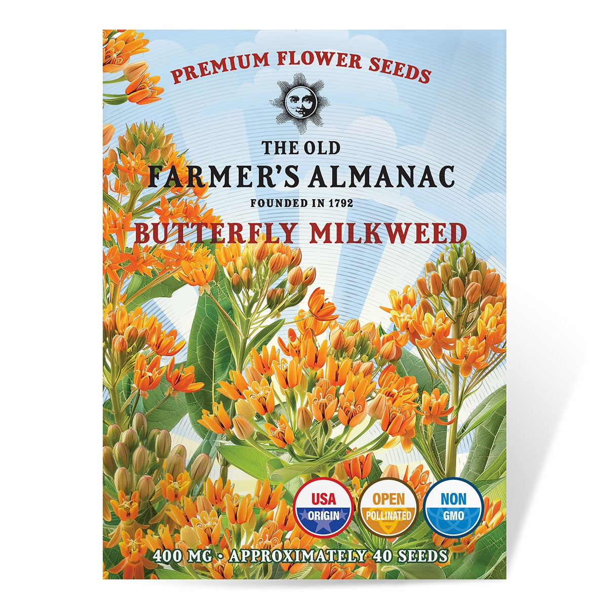 Butterfly milkweed seed packet from The Old Farmer's Almanac with orange flowers and green leaves.